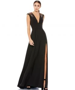 Ieena For Mac Duggal Floral Accented Evening Gown