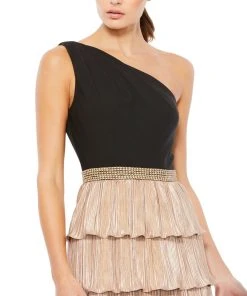 Ieena For Mac Duggal One Shoulder Layered Metallic Ruffle Gown