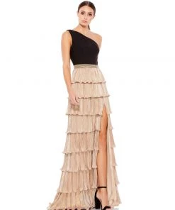 Ieena For Mac Duggal One Shoulder Layered Metallic Ruffle Gown