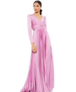 Ieena For Mac Duggal Pleated Long Sleeve V-Neck Gown
