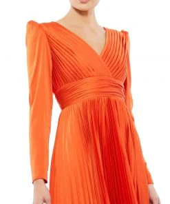 Ieena For Mac Duggal Pleated Long Sleeve V-Neck Gown