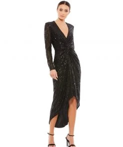 Ieena For Mac Duggal Shop For Sequin Knotted Long Sleeve Midi Dress
