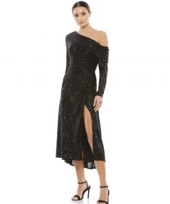 Ieena For Mac Duggal One Shoulder Sequin Long Sleeve Midi Dress Shop For