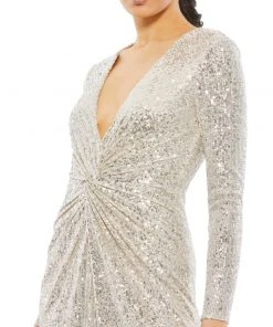 Ieena For Mac Duggal Long Sleeved Gathered Sequined Gown