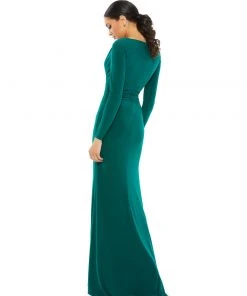 Ieena For Mac Duggal V-Neck Long Sleeve High Slit Gown