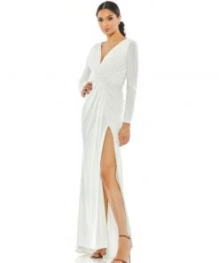 Ieena For Mac Duggal V-Neck Long Sleeve High Slit Gown