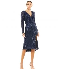 Ieena For Mac Duggal Long Sleeve Sequined Midi Dress