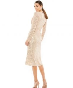 Ieena For Mac Duggal Long Sleeve Sequined Midi Dress