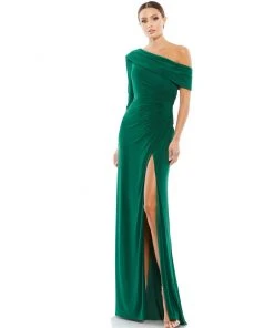 Ieena For Mac Duggal Ruched Jersey Drop Shoulder Foldover Gown