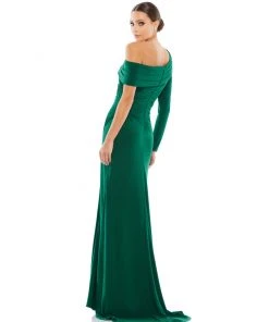 Ieena For Mac Duggal Ruched Jersey Drop Shoulder Foldover Gown