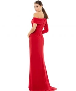 Ieena For Mac Duggal Ruched Jersey Drop Shoulder Foldover Gown
