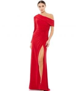 Ieena For Mac Duggal Ruched Jersey Drop Shoulder Foldover Gown