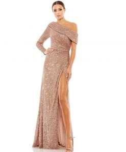 Ieena For Mac Duggal Shop For Sequined Drop Shoulder Faux Wrap Gown