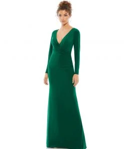 Ieena For Mac Duggal Long Sleeve Ruched Jersey V-Neck Gown Shop For