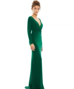 Ieena For Mac Duggal Long Sleeve Ruched Jersey V-Neck Gown Shop For