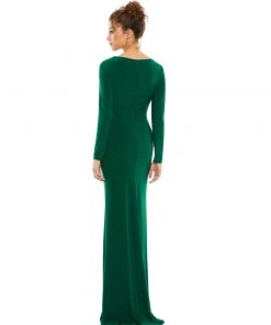 Ieena For Mac Duggal Long Sleeve Ruched Jersey V-Neck Gown Shop For