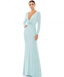 Ieena For Mac Duggal Long Sleeve Ruched Jersey V-Neck Gown Shop For