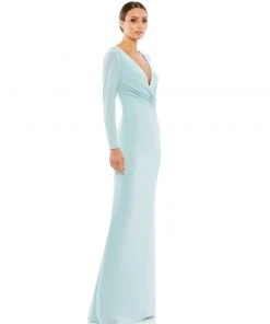 Ieena For Mac Duggal Long Sleeve Ruched Jersey V-Neck Gown Shop For