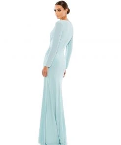 Ieena For Mac Duggal Long Sleeve Ruched Jersey V-Neck Gown Shop For