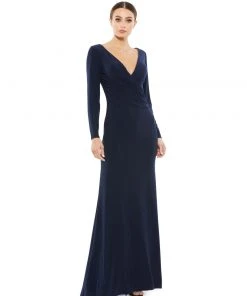Ieena For Mac Duggal Long Sleeve Ruched Jersey V-Neck Gown Shop For