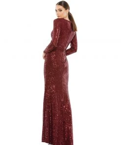 Ieena For Mac Duggal Shop For Sequined Faux Wrap Long Sleeve Column Gown