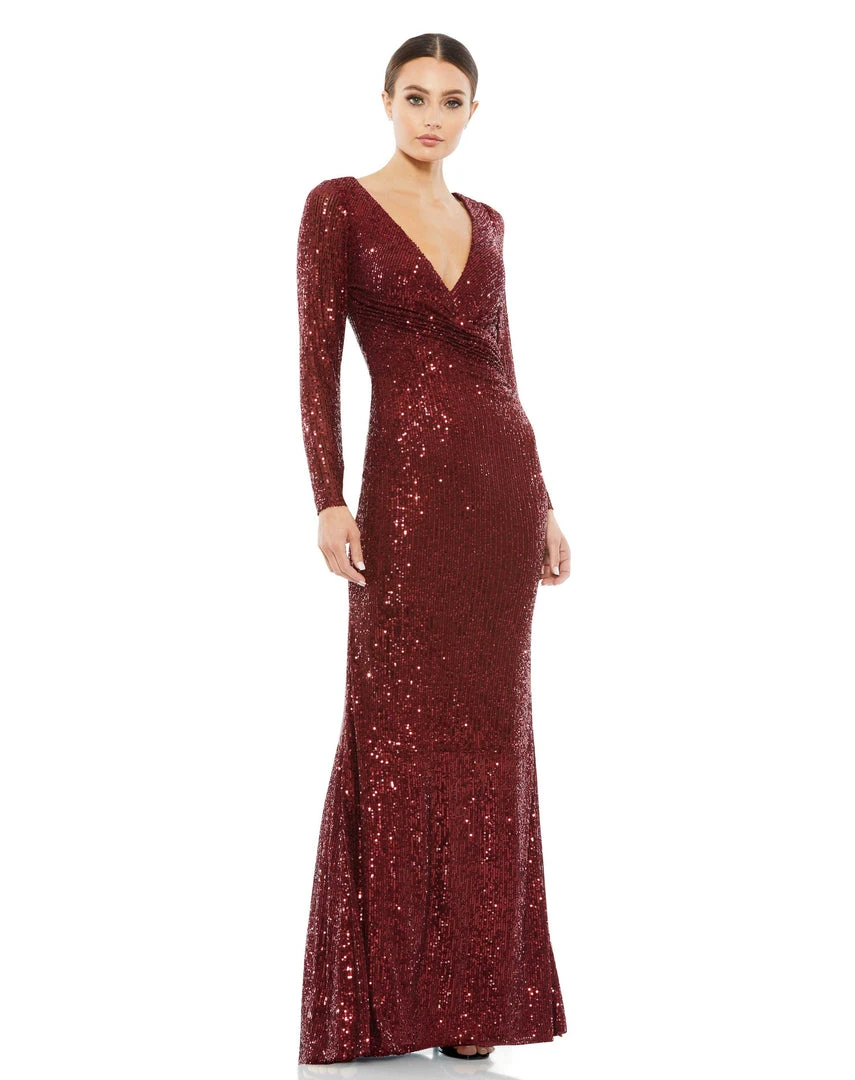 Ieena For Mac Duggal Shop For Sequined Faux Wrap Long Sleeve Column Gown 1 Ieena For Mac Duggal Shop For Sequined Faux Wrap Long Sleeve Column Gown