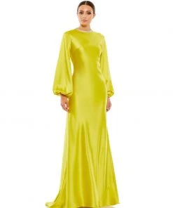 Ieena For Mac Duggal Shop For Satin Long Blouson Sleeve Evening Gown