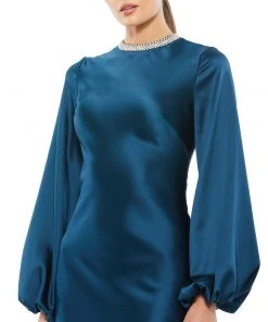 Ieena For Mac Duggal Shop For Satin Long Blouson Sleeve Evening Gown