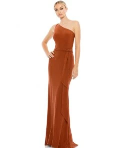 Ieena For Mac Duggal Jersey One Shoulder Belted Trumpet Gown