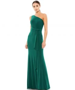 Ieena For Mac Duggal Jersey One Shoulder Belted Trumpet Gown