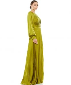 Ieena For Mac Duggal Evening Gowns Long Sleeve Pleated High Neck Gown