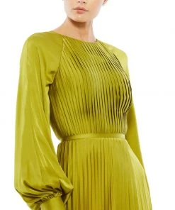 Ieena For Mac Duggal Evening Gowns Long Sleeve Pleated High Neck Gown