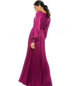 Ieena For Mac Duggal Evening Gowns Long Sleeve Pleated High Neck Gown