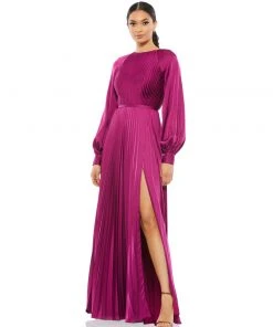 Ieena For Mac Duggal Evening Gowns Long Sleeve Pleated High Neck Gown