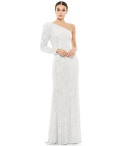 Ieena For Mac Duggal Sequined One Shoulder Trumpet Gown