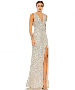 Ieena For Mac Duggal Shop For V-Neck Sequin Wrap Waist Gown