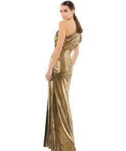 Ieena For Mac Duggal Ruffled One Shoulder Metallic Evening Gown
