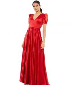 Mac Duggal Shop For Puff Sleeve V-Neck Satin Gown