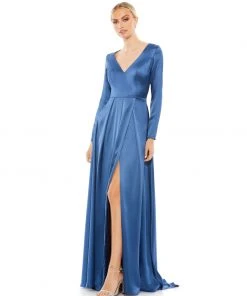 Ieena For Mac Duggal Satin V Neck Long Sleeve Pleated Gown