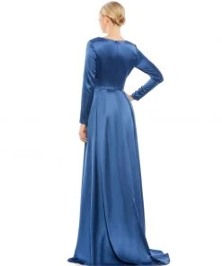 Ieena For Mac Duggal Satin V Neck Long Sleeve Pleated Gown
