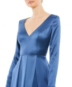 Ieena For Mac Duggal Satin V Neck Long Sleeve Pleated Gown