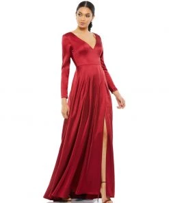 Ieena For Mac Duggal Satin V Neck Long Sleeve Pleated Gown