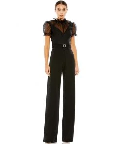 Ieena For Mac Duggal Belted Illusion High Neck Cap Sleeve Jumpsuit