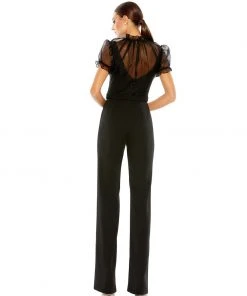Ieena For Mac Duggal Belted Illusion High Neck Cap Sleeve Jumpsuit