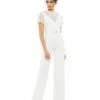 Ieena For Mac Duggal Belted Illusion High Neck Cap Sleeve Jumpsuit