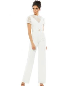 Ieena For Mac Duggal Belted Illusion High Neck Cap Sleeve Jumpsuit