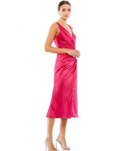 Ieena For Mac Duggal Satin Ruched V Neck Faux Wrap Midi Dress