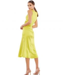 Ieena For Mac Duggal Satin Ruched V Neck Faux Wrap Midi Dress