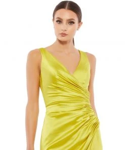 Ieena For Mac Duggal Satin Ruched V Neck Faux Wrap Midi Dress