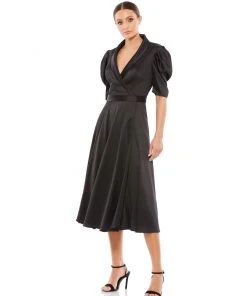 Ieena For Mac Duggal Satin Lapel Puff Sleeve Tea Length Dress Shop For